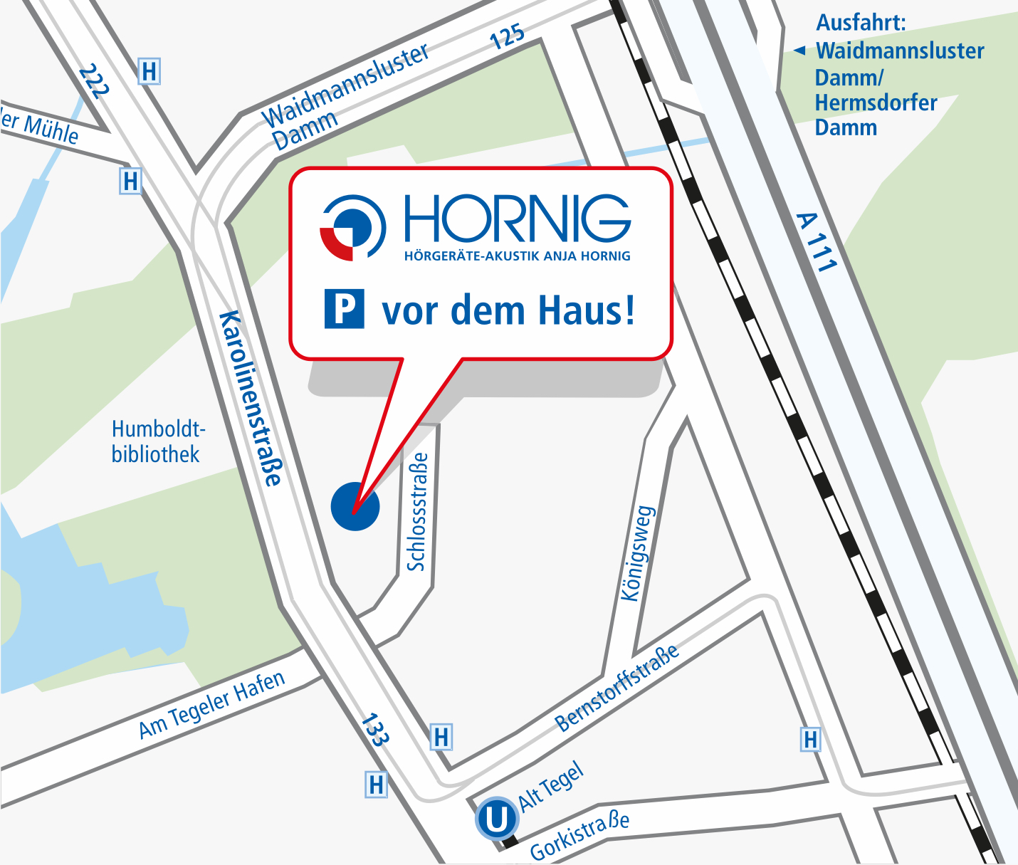 Anfahrt Hornig Hörgeräte in Berlin Tegel